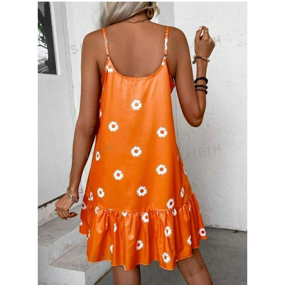 SHEIN Orange Daisy Tank Dress Spaghetti Straps Ruffled Hem Small - Picture 11 of 12